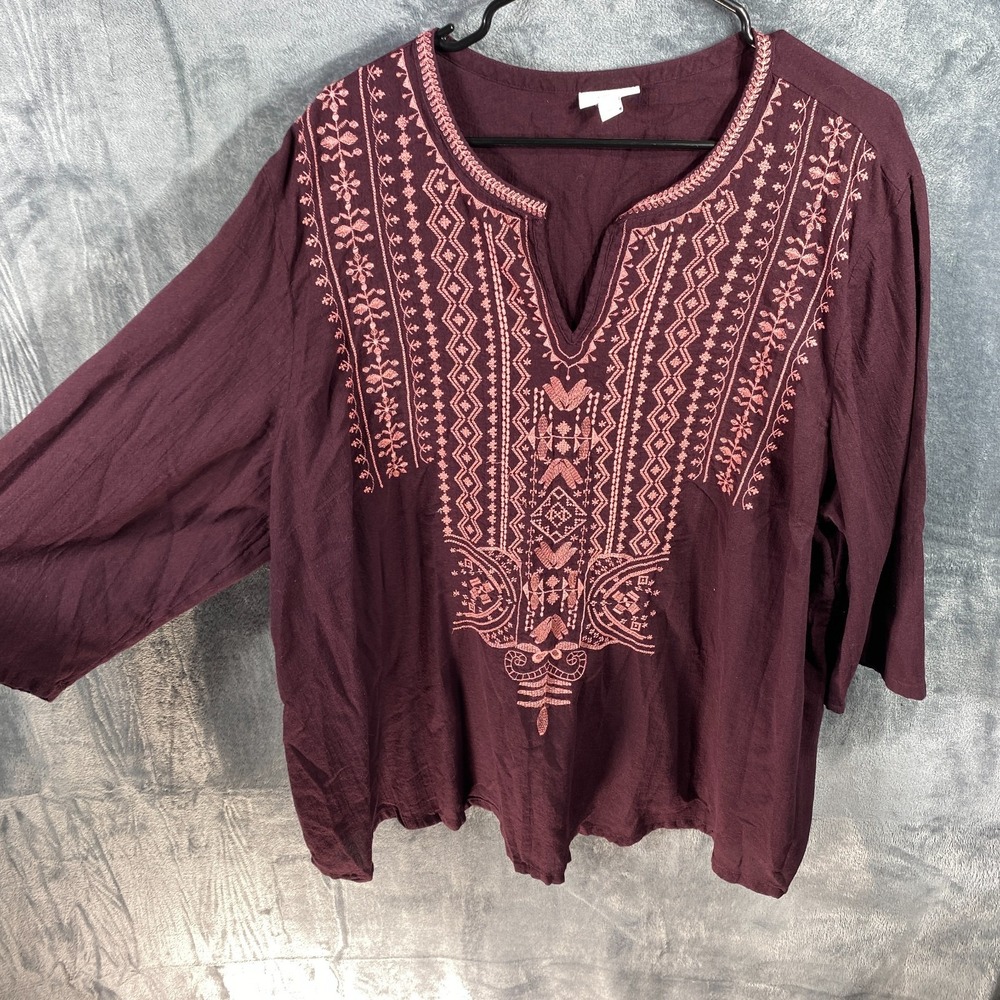 Pure J Jill Womens 4XL Burgundy Embroidered Tunic Top Boho Peasant Cotton Blouse